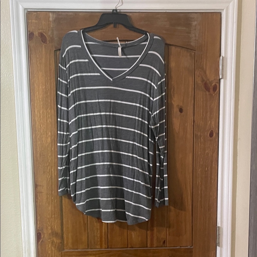 Charcoal Striped V-Neck Long Sleeve Top